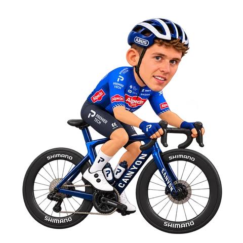 Illustration von Aaron Dockx im 2026er Trikot von Alpecin-Premier Tech