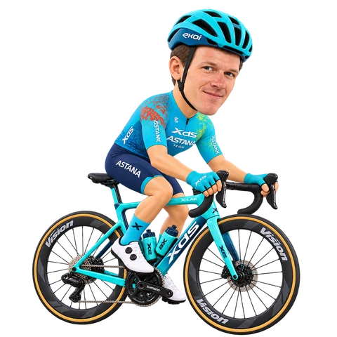 Illustrazione di Aaron Gate con la divisa 2026 della XDS Astana Team