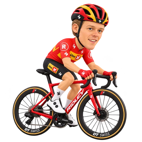 Ilustración de Ådne Holter con el maillot 2026 de Uno-X Mobility