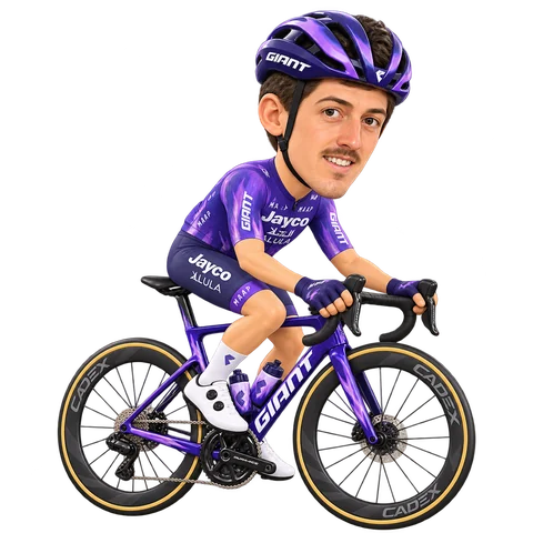 Ilustración de Alan Hatherly con el maillot 2026 de Team Jayco AlUla