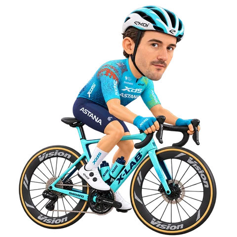 Illustrazione di Alberto Bettiol con la divisa 2026 della XDS Astana Team
