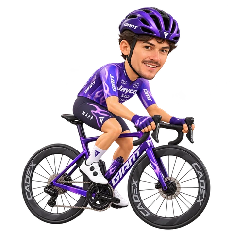Ilustración de Alessandro Covi con el maillot 2026 de Team Jayco AlUla