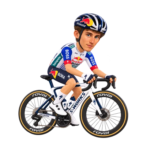 Illustrazione di Alexander Hajek con la divisa 2026 della Red Bull–BORA–hansgrohe