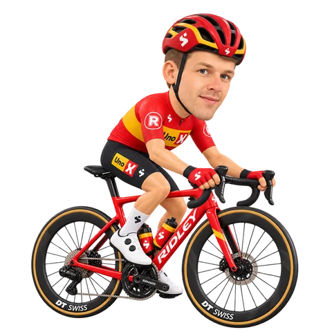 Ilustración de Alexander Kamp con el maillot 2026 de Uno-X Mobility
