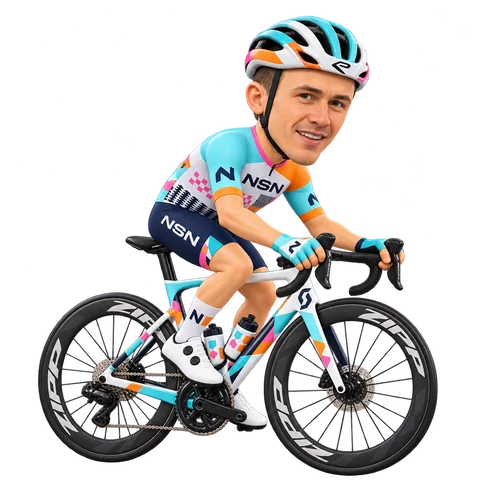 Illustrazione di Alexey Lutsenko con la divisa 2026 della NSN Cycling Team