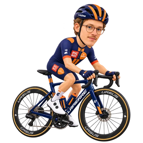 Ilustración de Alexy Faure Prost con el maillot 2026 de Team Picnic PostNL
