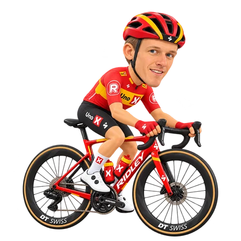 Ilustración de Anders Halland Johannessen con el maillot 2026 de Uno-X Mobility