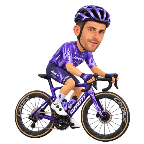 Ilustración de Andrea Vendrame con el maillot 2026 de Team Jayco AlUla