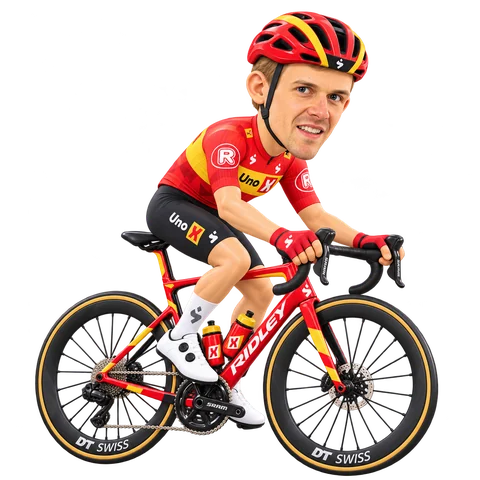 Ilustración de Andreas Kron con el maillot 2026 de Uno-X Mobility