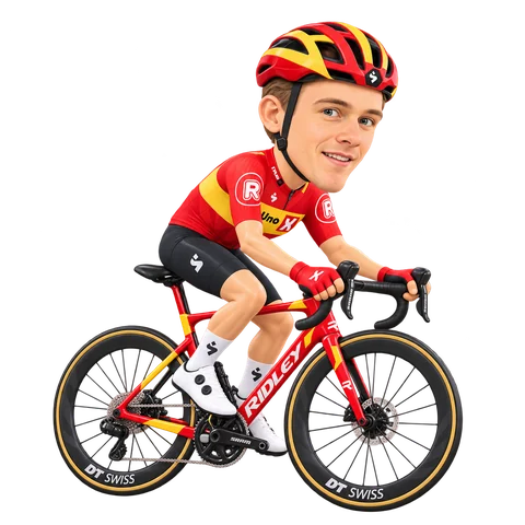Ilustración de Anthon Charmig con el maillot 2026 de Uno-X Mobility