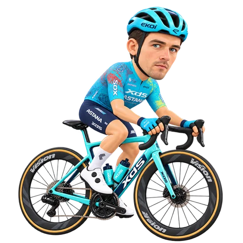 Illustrazione di Anton Kuzmin con la divisa 2026 della XDS Astana Team