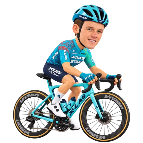 Illustrazione di Arjen Livyns con la divisa 2026 della XDS Astana Team