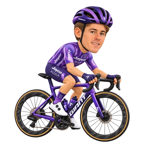 Ilustración de Asbjørn Hellemose con el maillot 2026 de Team Jayco AlUla