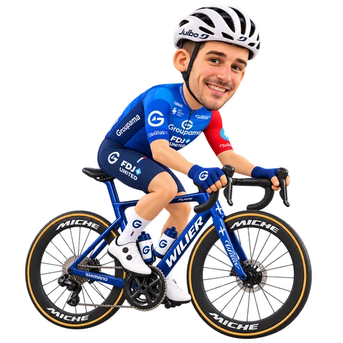 Illustrazione di Axel Huens con la divisa 2026 della Groupama-FDJ UNITED