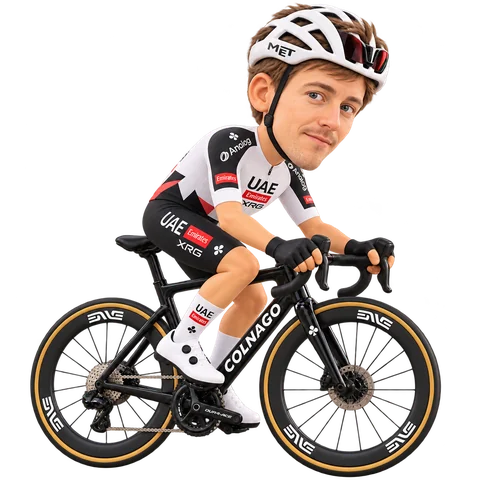 Illustrazione di Benoît Cosnefroy con la divisa 2026 della UAE Team Emirates-XRG