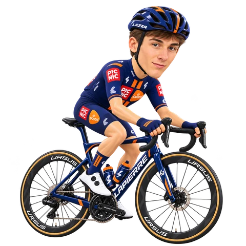 Ilustración de Bert Bolle con el maillot 2026 de Team Picnic PostNL