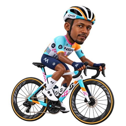 Illustration von Biniam Girmay im 2026er Trikot von NSN Cycling Team
