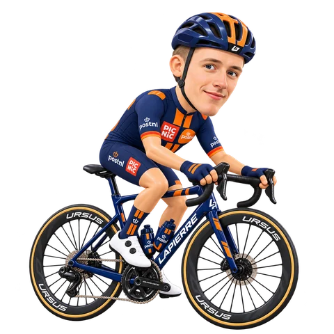 Ilustración de Bjorn Koerdt con el maillot 2026 de Team Picnic PostNL