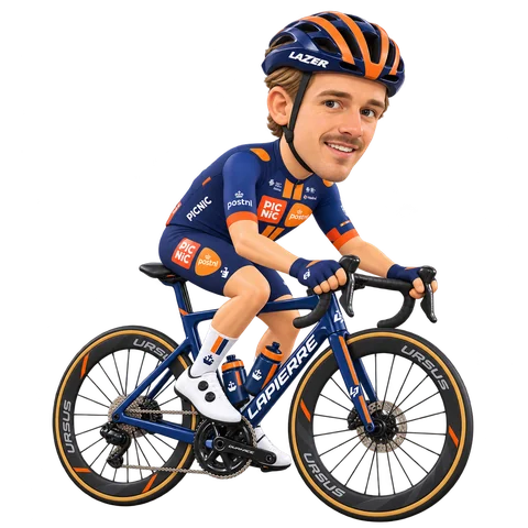 Ilustración de Bram Welten con el maillot 2026 de Team Picnic PostNL
