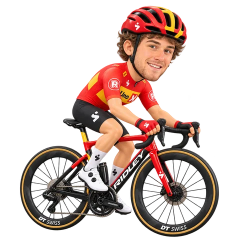 Ilustración de Carl-Frederik Bévort con el maillot 2026 de Uno-X Mobility