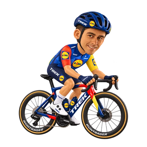 Illustration von Carlos Verona im 2026er Trikot von Lidl–Trek
