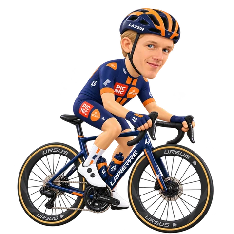 Ilustración de Casper van Uden con el maillot 2026 de Team Picnic PostNL