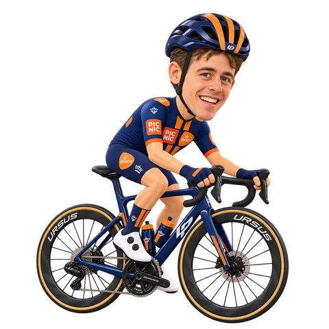 Ilustración de Chris Hamilton con el maillot 2026 de Team Picnic PostNL