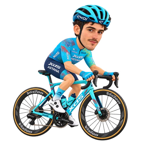 Illustrazione di Christian Scaroni con la divisa 2026 della XDS Astana Team