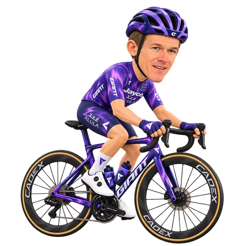 Ilustración de Christopher Juul-Jensen con el maillot 2026 de Team Jayco AlUla