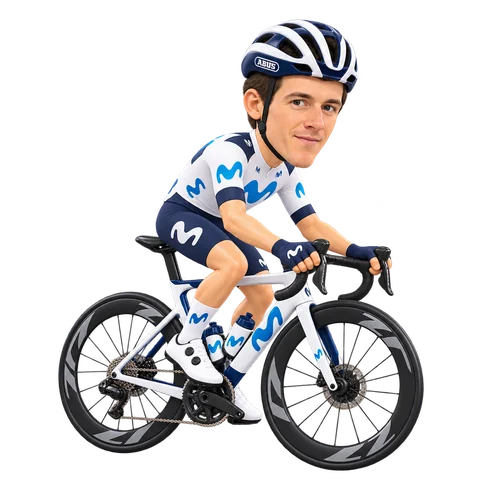 Illustrazione di Cian Uijtdebroeks con la divisa 2026 della Movistar Team