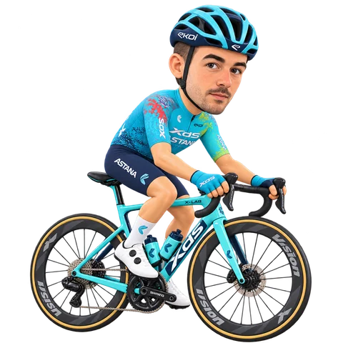 Illustrazione di Clément Champoussin con la divisa 2026 della XDS Astana Team