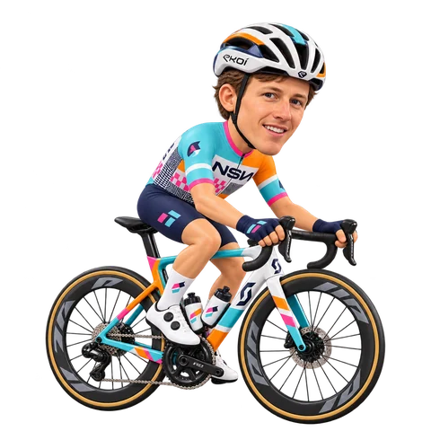 Illustrazione di Corbin Strong con la divisa 2026 della NSN Cycling Team