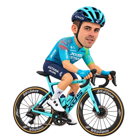 Illustrazione di Cristián Rodríguez con la divisa 2026 della XDS Astana Team