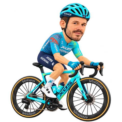 Illustrazione di Davide Ballerini con la divisa 2026 della XDS Astana Team