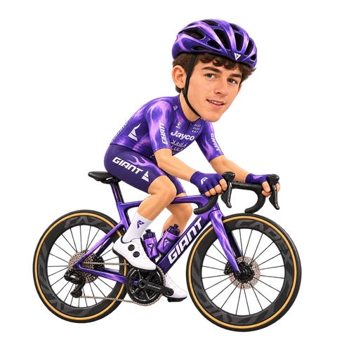 Ilustración de Davide de Pretto con el maillot 2026 de Team Jayco AlUla
