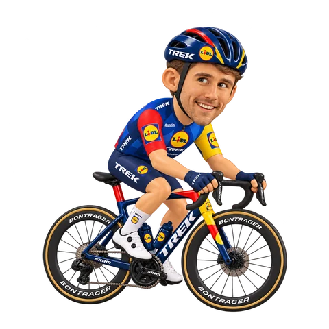 Illustration von Derek Gee-West im 2026er Trikot von Lidl–Trek