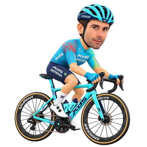 Illustrazione di Diego Ulissi con la divisa 2026 della XDS Astana Team