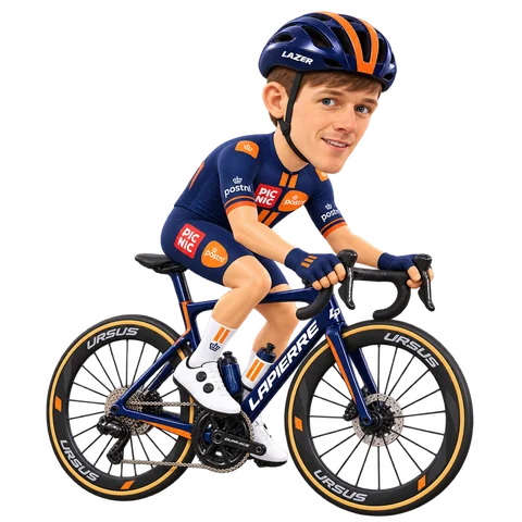 Ilustración de Dillon Corkery con el maillot 2026 de Team Picnic PostNL