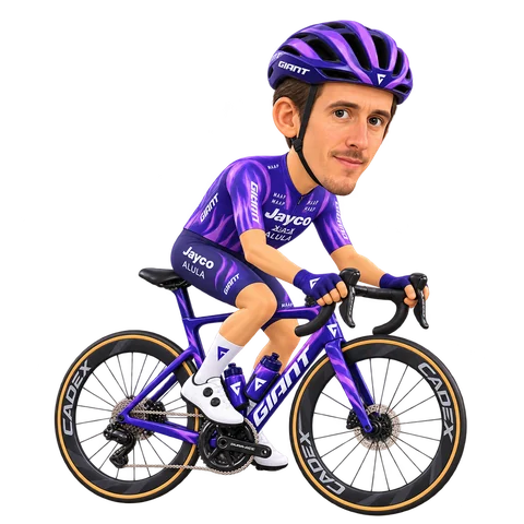 Ilustración de Dries de Bondt con el maillot 2026 de Team Jayco AlUla