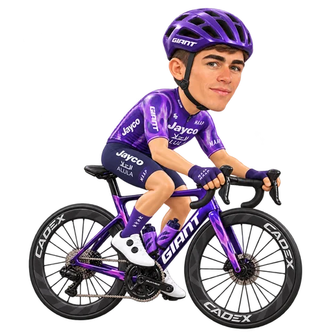 Ilustración de Dries de Pooter con el maillot 2026 de Team Jayco AlUla