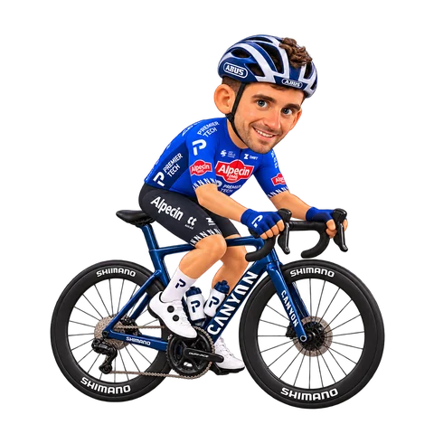 Illustration von Edward Planckaert im 2026er Trikot von Alpecin-Premier Tech