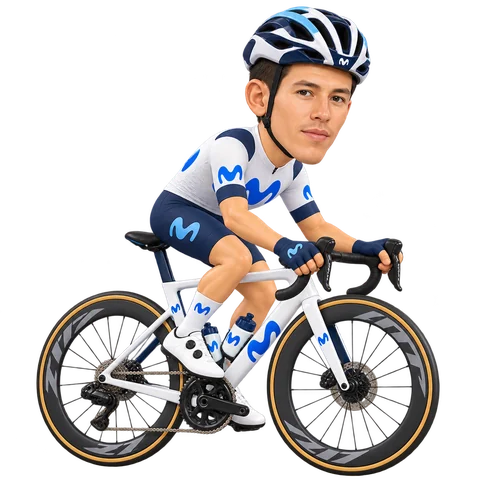 Illustrazione di Einer Rubio con la divisa 2026 della Movistar Team