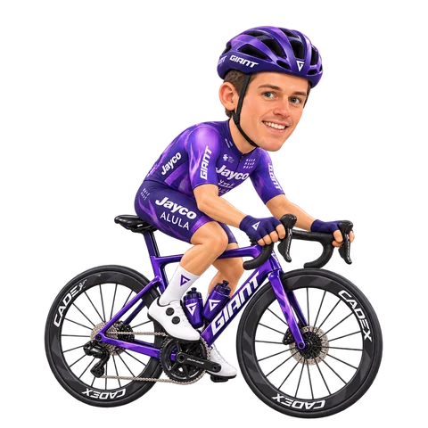 Ilustración de Felix Engelhardt con el maillot 2026 de Team Jayco AlUla