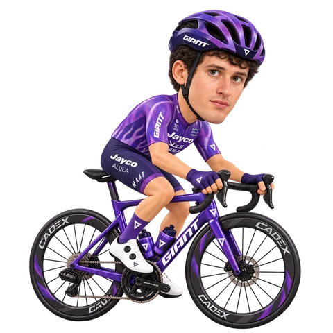 Ilustración de Filippo Conca con el maillot 2026 de Team Jayco AlUla