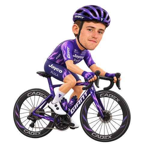 Ilustración de Finlay Pickering con el maillot 2026 de Team Jayco AlUla