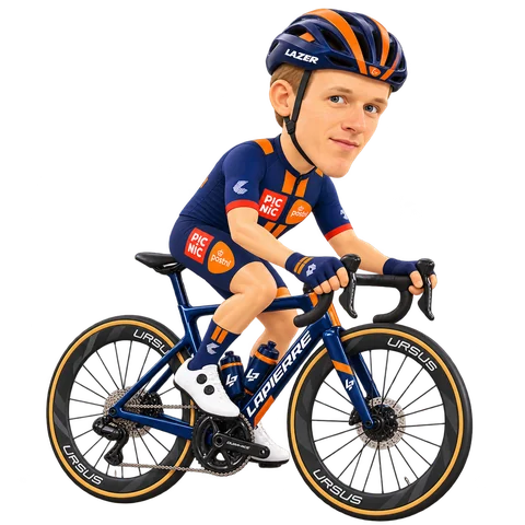 Ilustración de Frank van den Broek con el maillot 2026 de Team Picnic PostNL