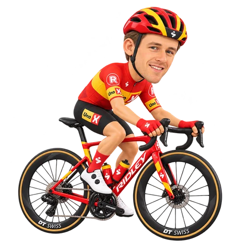 Ilustración de Fredrik Dversnes Lavik con el maillot 2026 de Uno-X Mobility