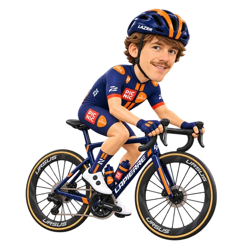 Ilustración de Frits Biesterbos con el maillot 2026 de Team Picnic PostNL