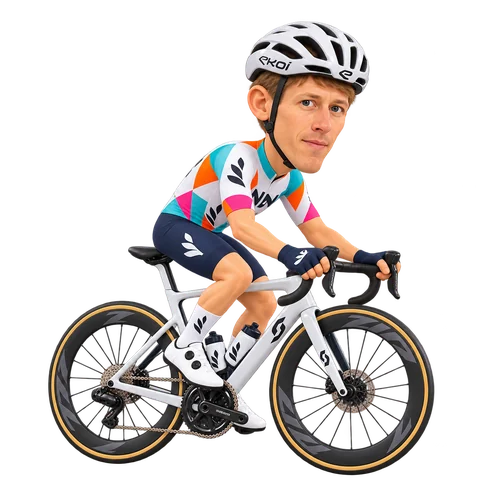 Illustrazione di George Bennett con la divisa 2026 della NSN Cycling Team