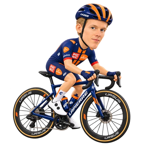 Ilustración de Gijs Leemreize con el maillot 2026 de Team Picnic PostNL